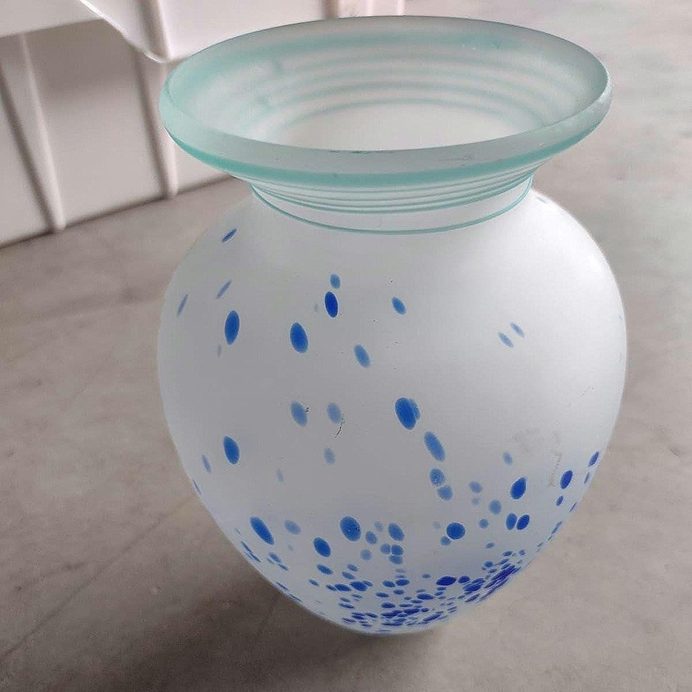 Frosted Glass Vase with Green Rings and blue‎ speckled throughout